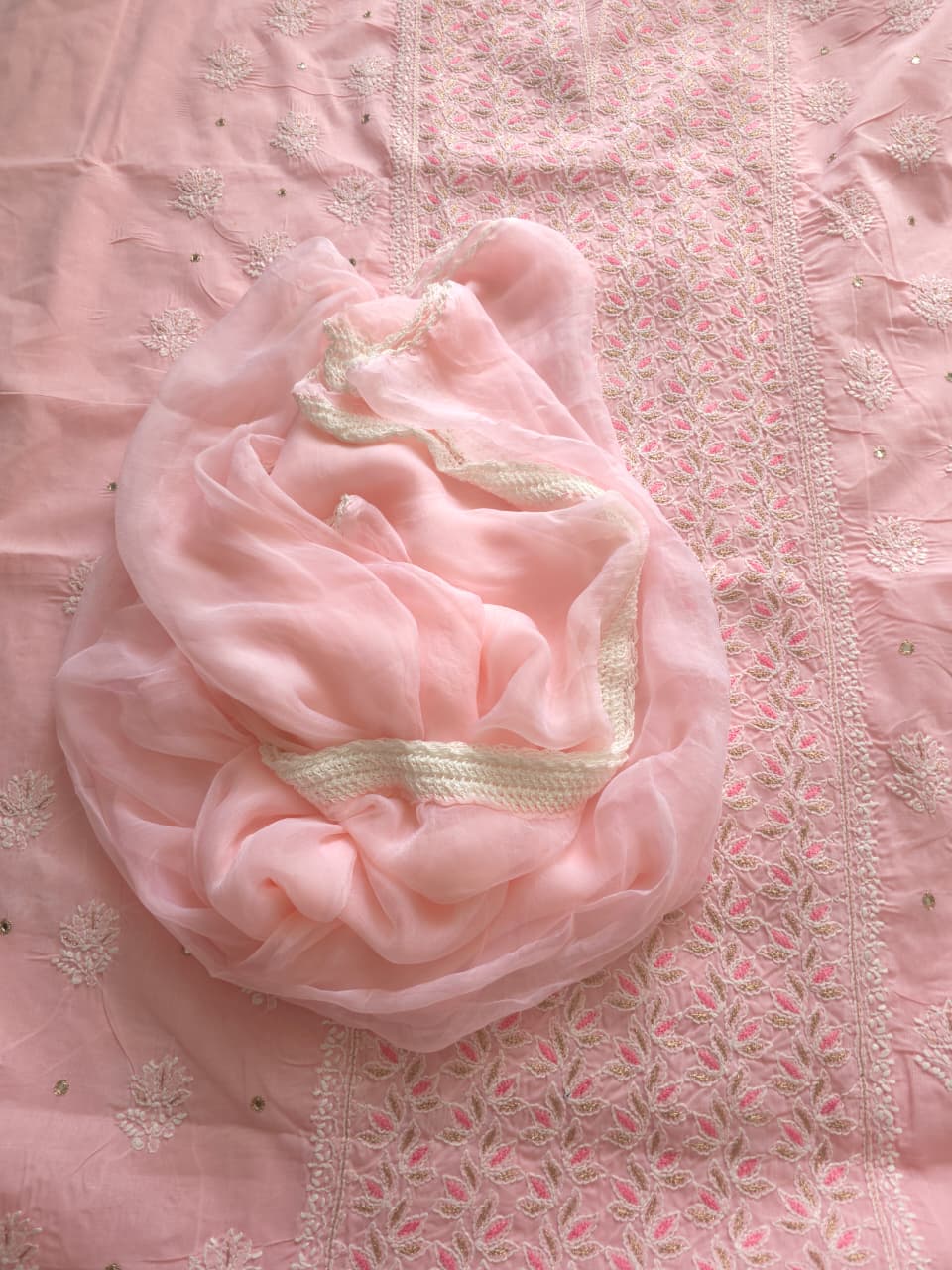 Peachish Pink Cotton Full set with chikankari and Add on