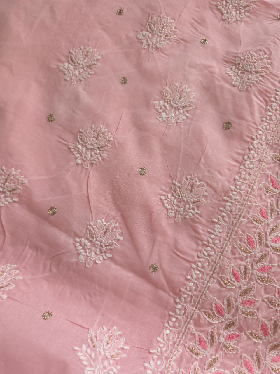 Peachish Pink Cotton Full set with chikankari and Add on