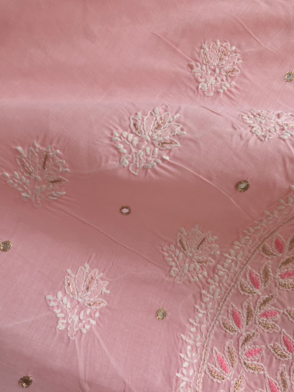 Peachish Pink Cotton Full set with chikankari and Add on