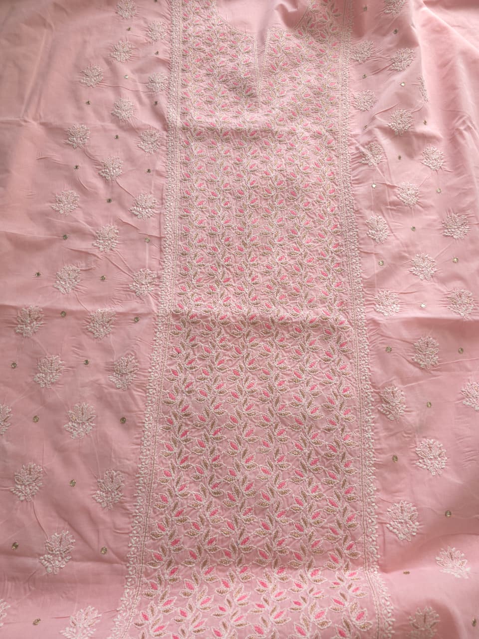 Peachish Pink Cotton Full set with chikankari and Add on