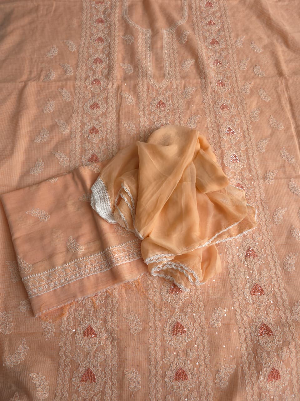 Peach full set with Kota kurta and embellishments