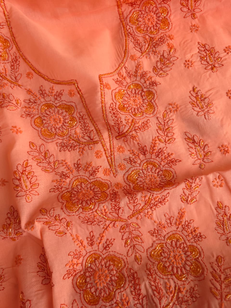 Orange Rust combination cotton suit with chikanakri and embellishments