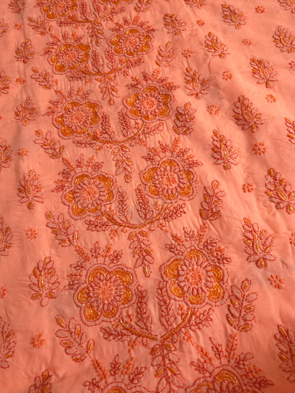 Orange Rust combination cotton suit with chikanakri and embellishments