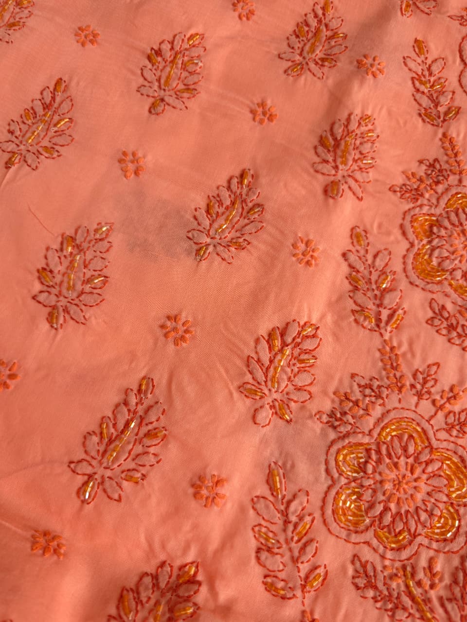 Orange Rust combination cotton suit with chikanakri and embellishments