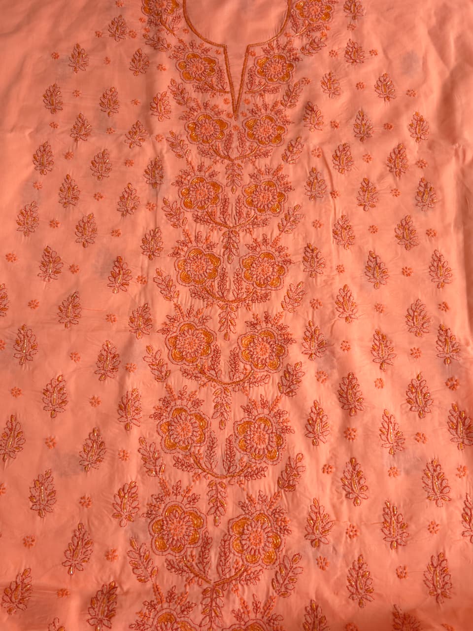 Orange Rust combination cotton suit with chikanakri and embellishments