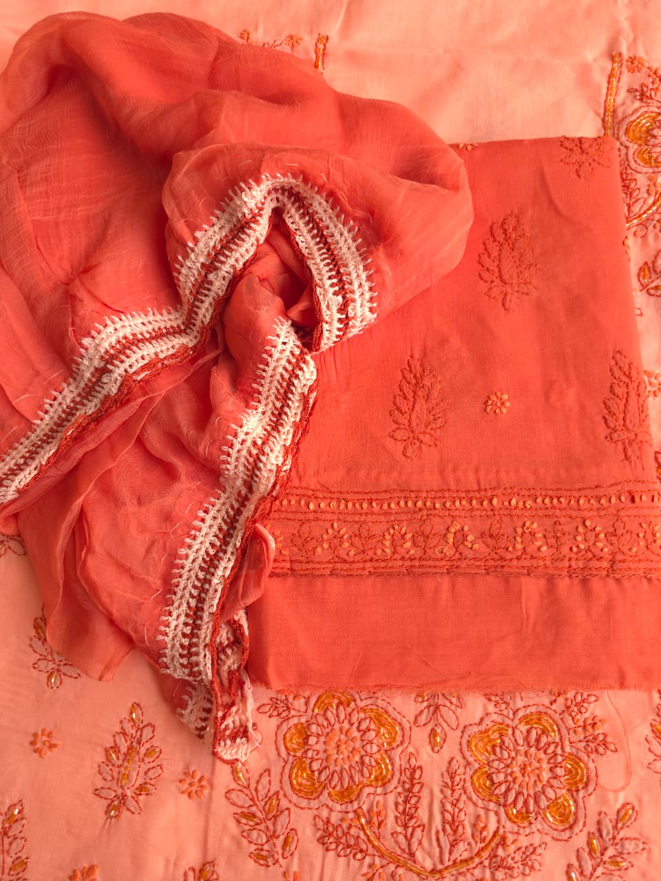 Orange Rust combination cotton suit with chikanakri and embellishments