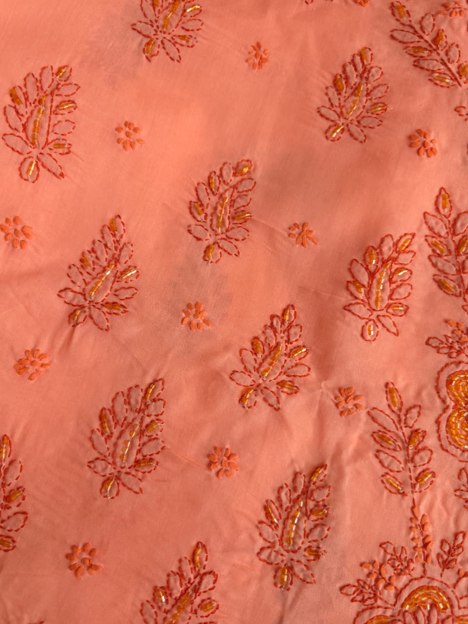Orange Rust combination cotton suit with chikanakri and embellishments
