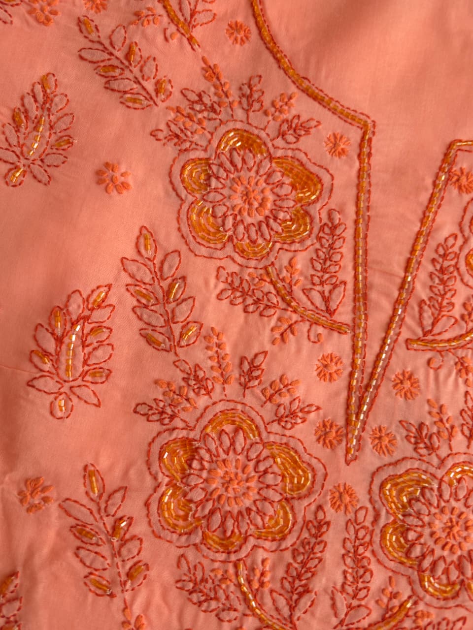 Orange Rust combination cotton suit with chikanakri and embellishments