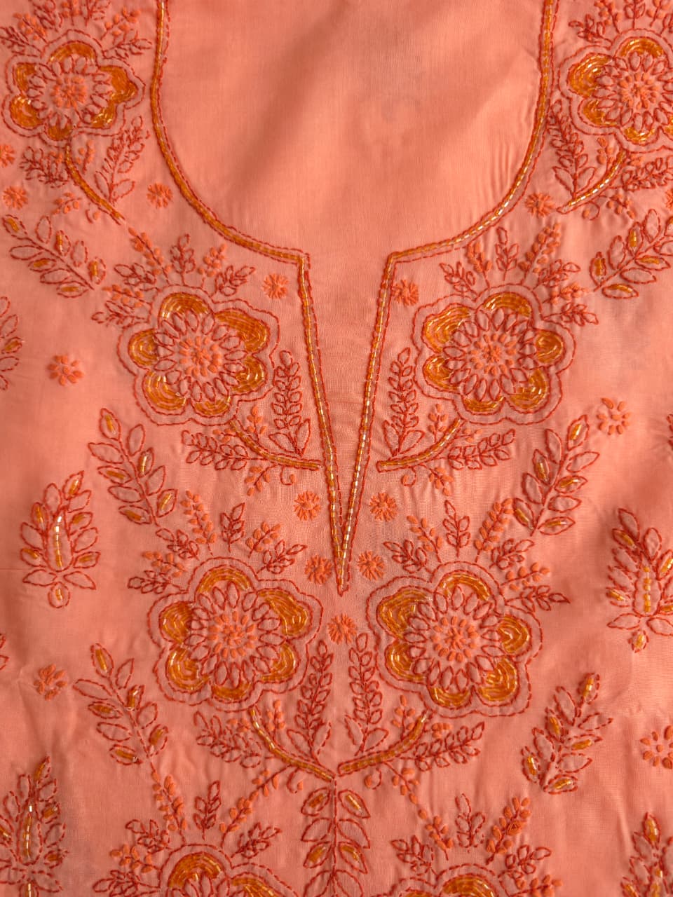Orange Rust combination cotton suit with chikanakri and embellishments