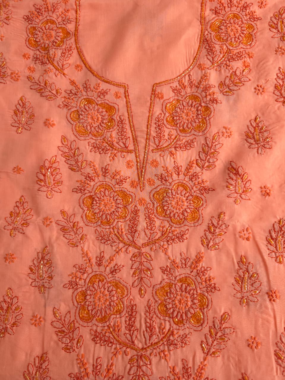 Orange Rust combination cotton suit with chikanakri and embellishments
