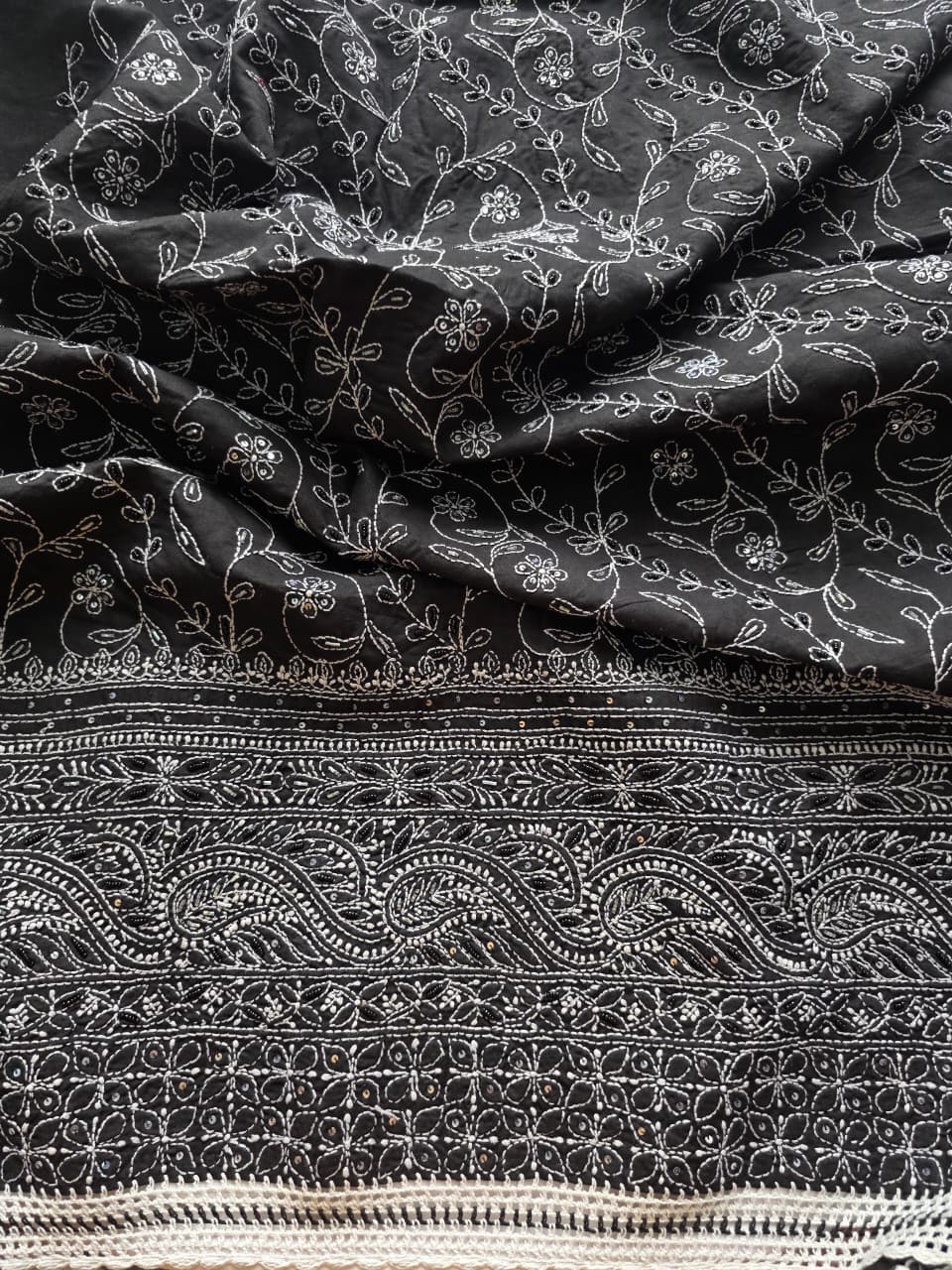 Black Cotton Full set with white chikankari and embellishment