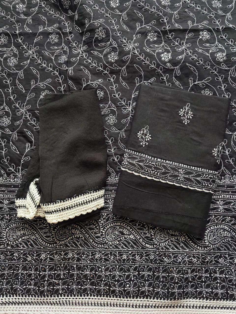 Black Cotton Full set with white chikankari and embellishment