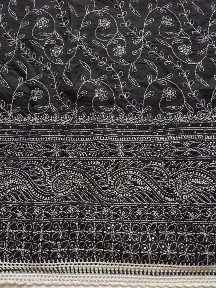 Image of Black Cotton Full set with white chikankari and embellishment