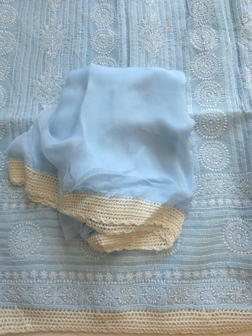Powder Blue Cotton full set with Fine handwork