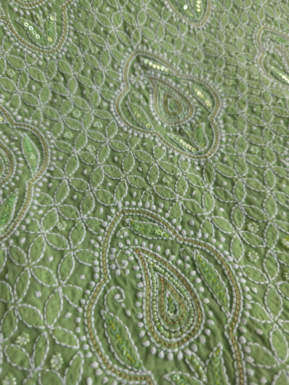Green Cotton Unstitched set with chikankari and embellishments