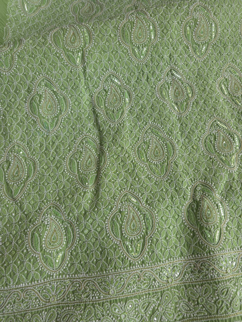 Green Cotton Unstitched set with chikankari and embellishments
