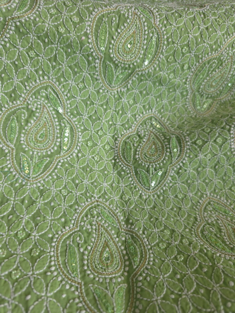 Green Cotton Unstitched set with chikankari and embellishments
