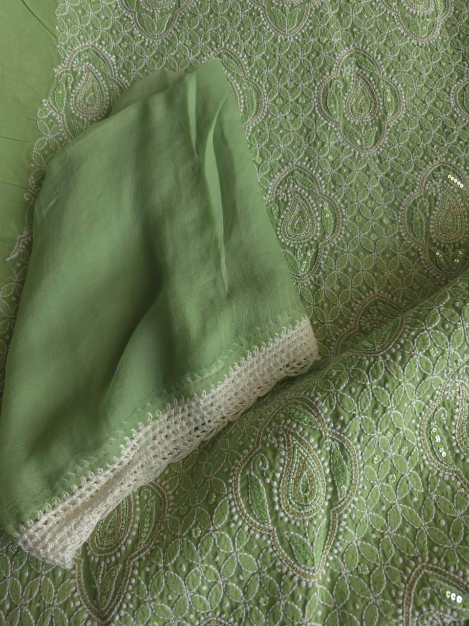 Green Cotton Unstitched set with chikankari and embellishments