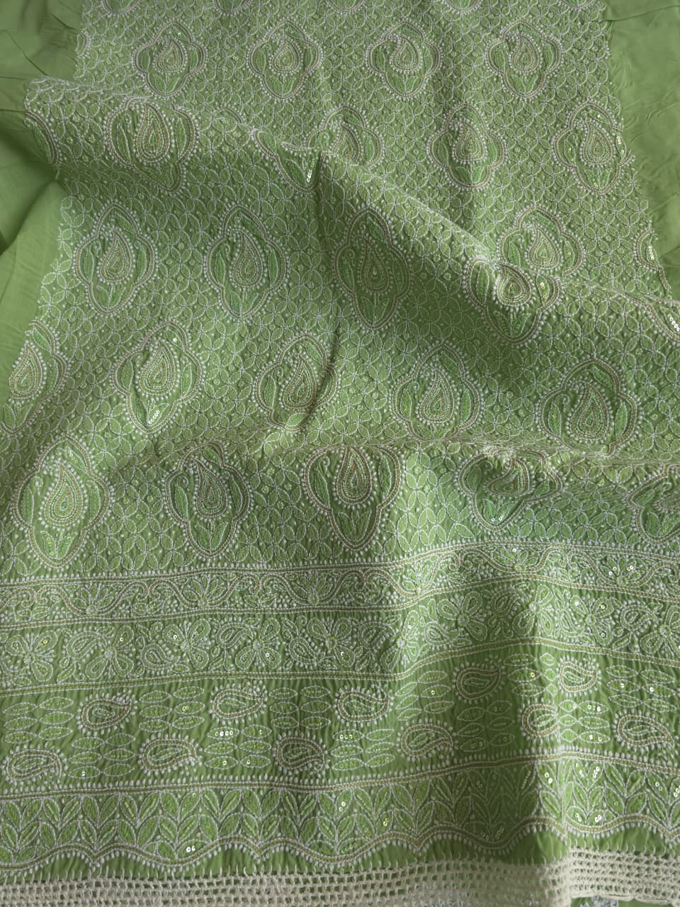 Green Cotton Unstitched set with chikankari and embellishments