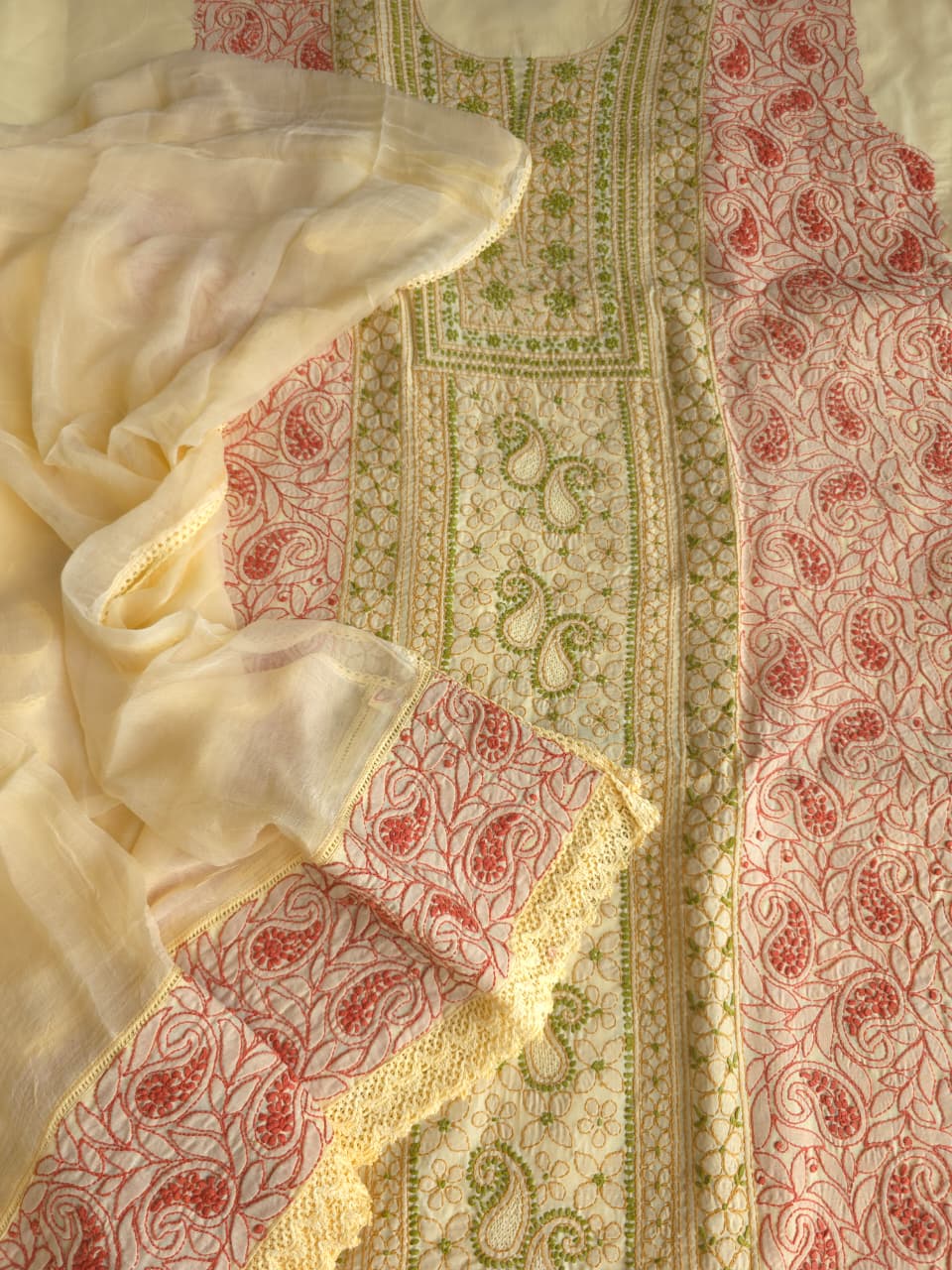 Beige cotton set with intricate multicolored chikankari