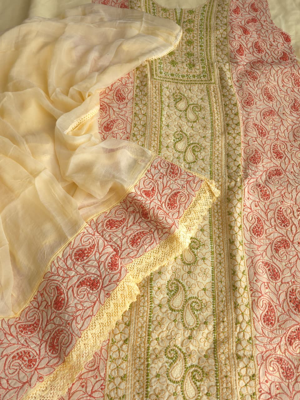 Beige cotton set with intricate multicolored chikankari