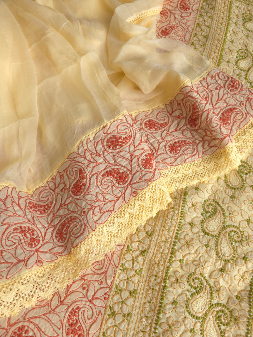Beige cotton set with intricate multicolored chikankari