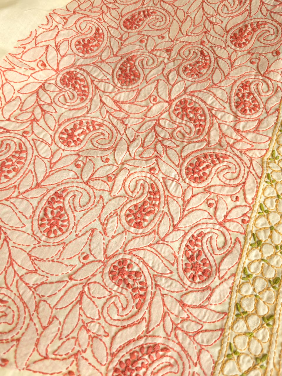 Beige cotton set with intricate multicolored chikankari