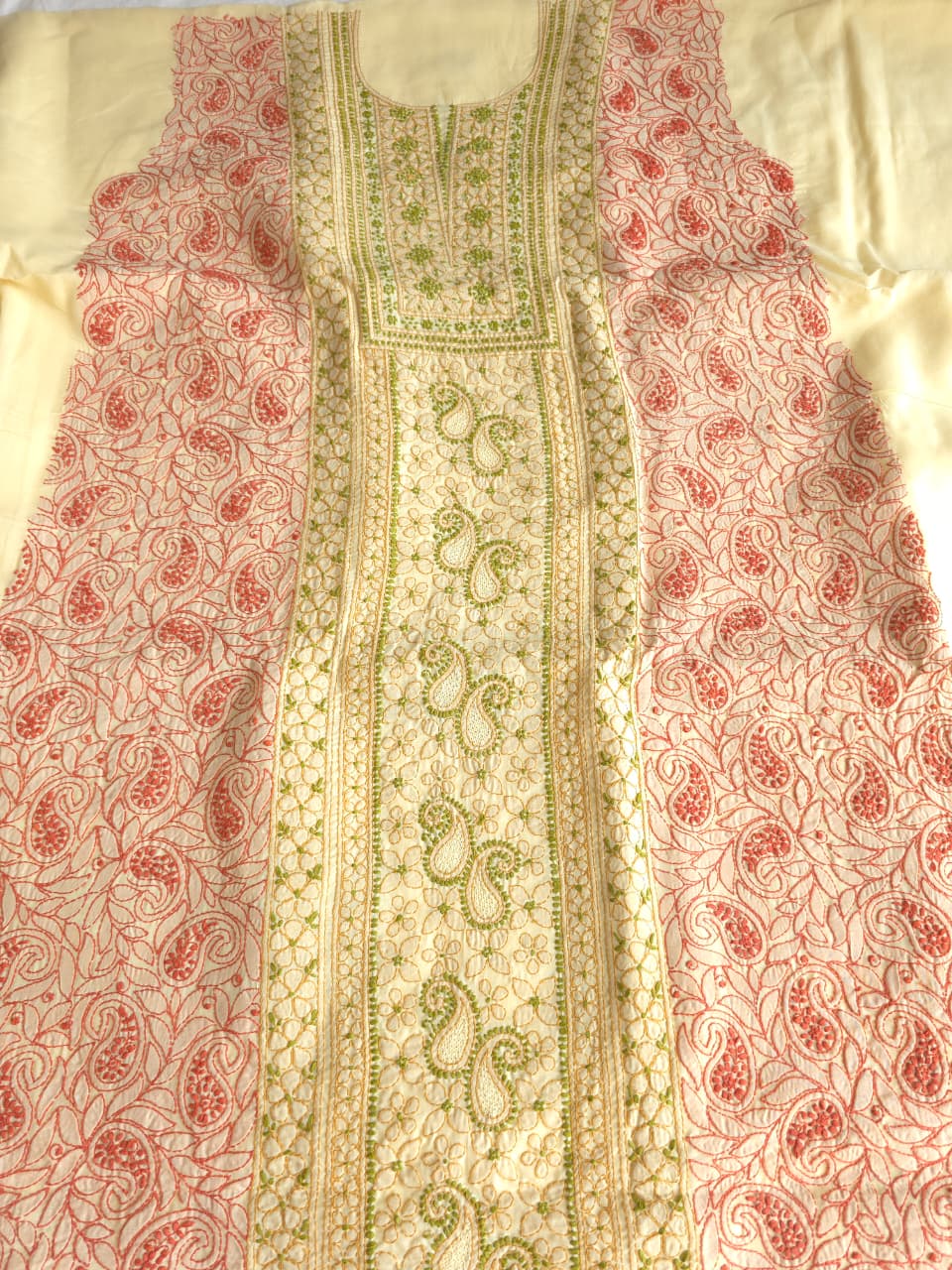 Beige cotton set with intricate multicolored chikankari