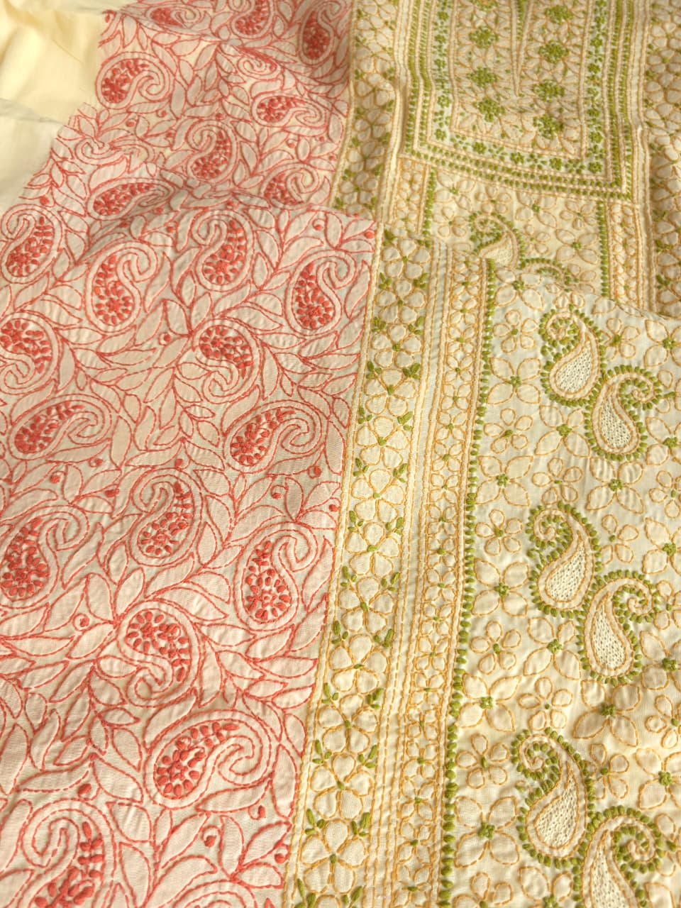 Beige cotton set with intricate multicolored chikankari