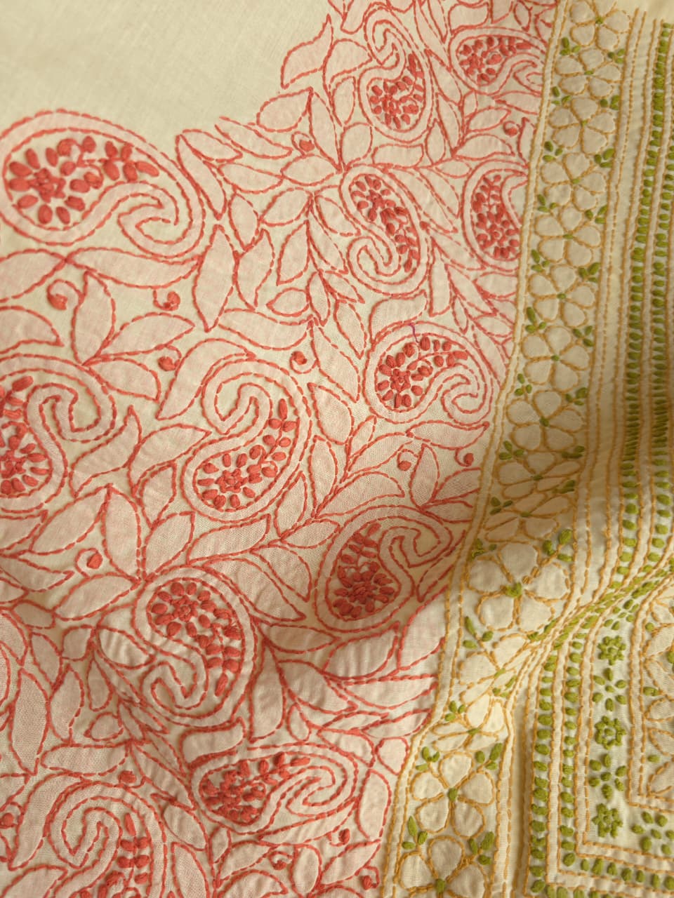 Beige cotton set with intricate multicolored chikankari