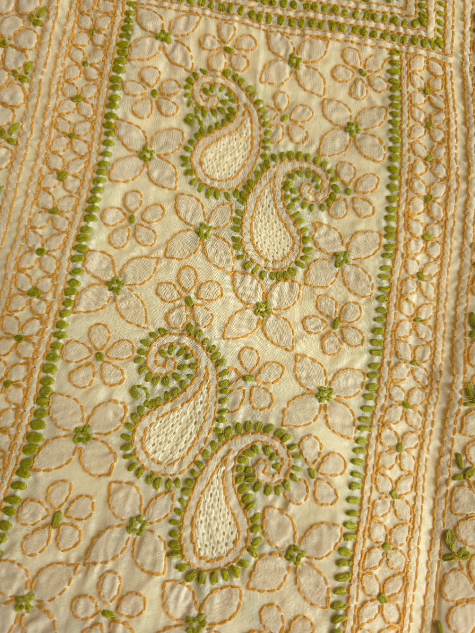 Beige cotton set with intricate multicolored chikankari