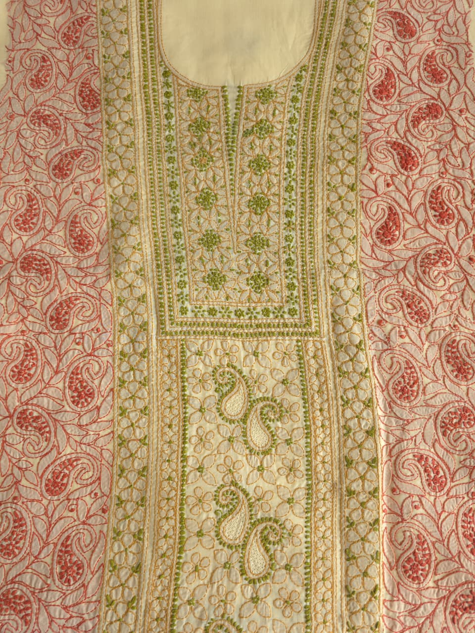 Beige cotton set with intricate multicolored chikankari