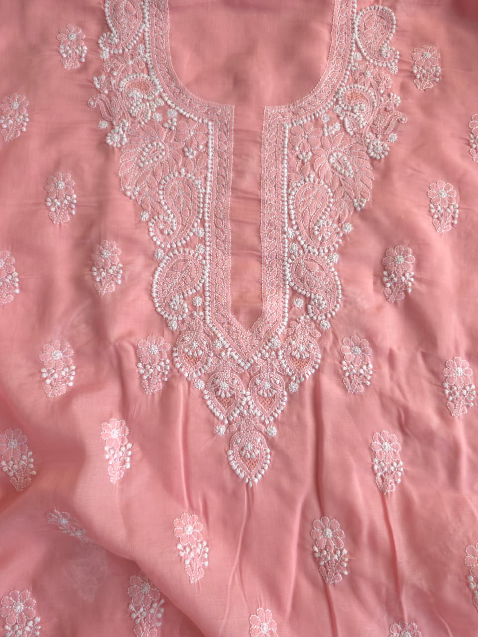 Peachish pink Soft cotton full set with Cotton Dupatta