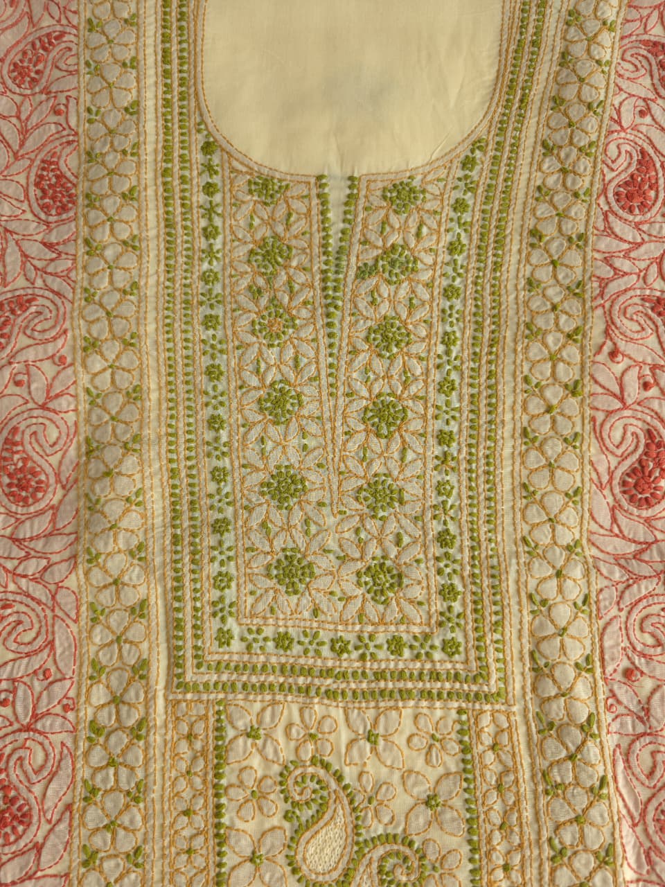 Beige cotton set with intricate multicolored chikankari