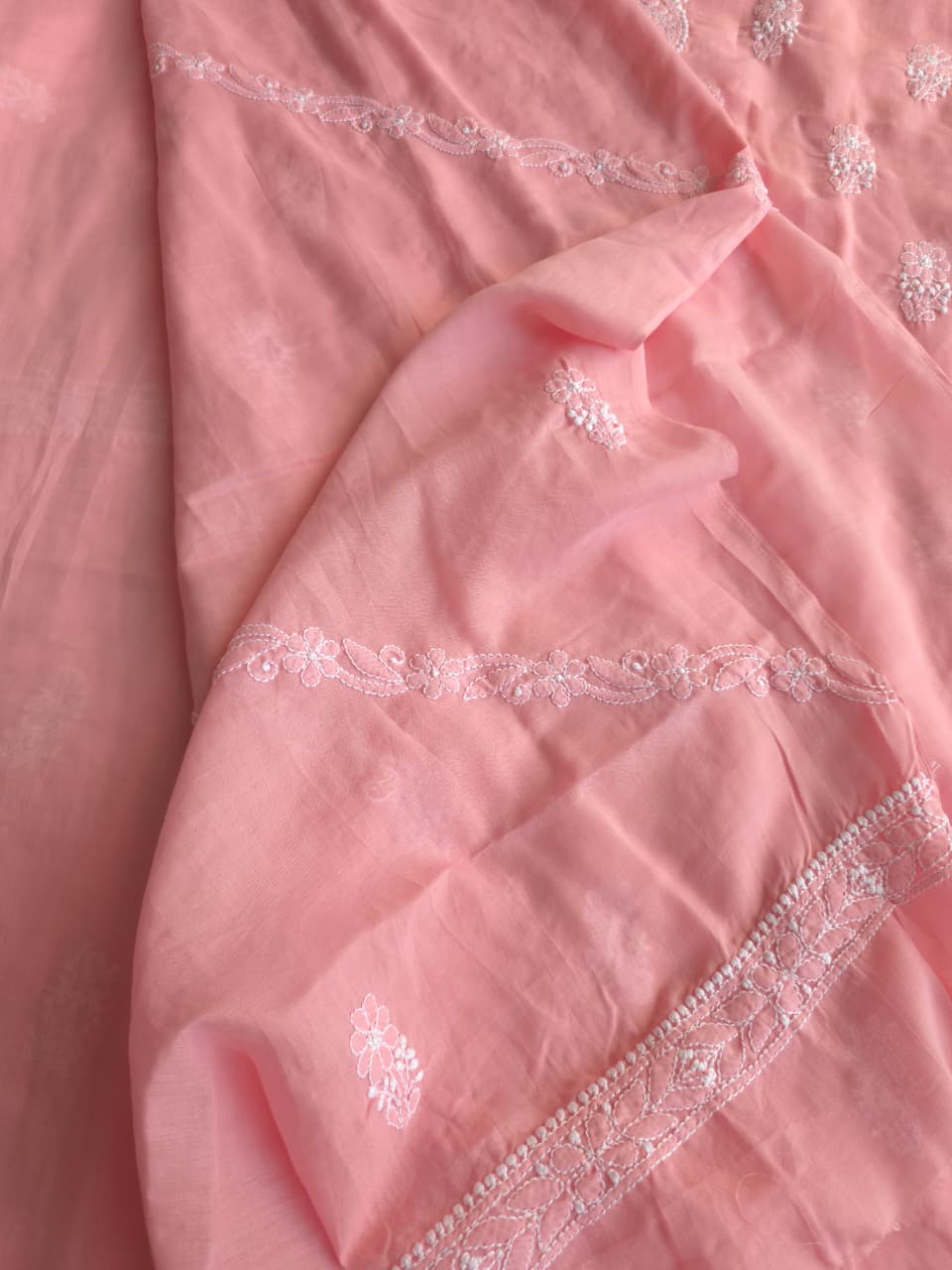 Peachish pink Soft cotton full set with Cotton Dupatta