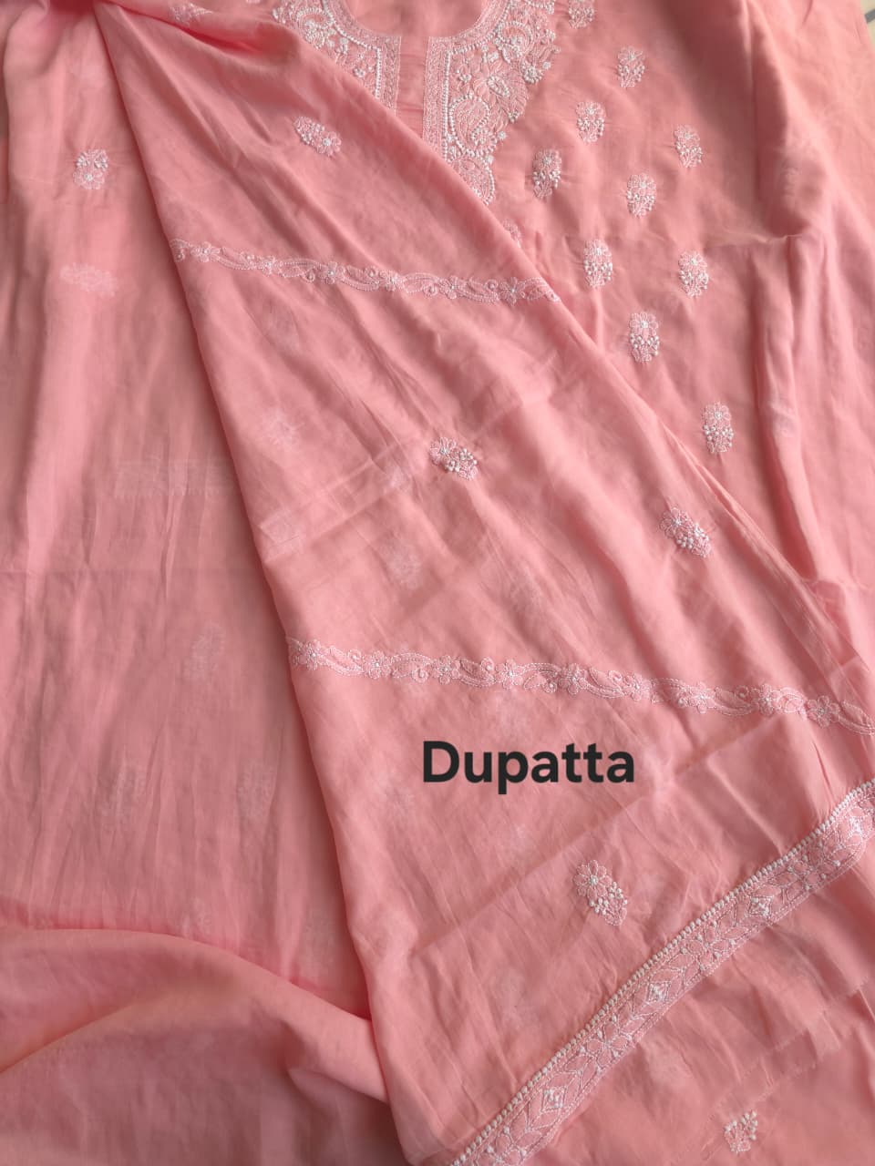 Peachish pink Soft cotton full set with Cotton Dupatta