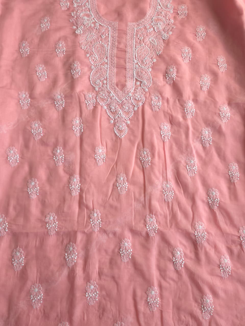 Peachish pink Soft cotton full set with Cotton Dupatta