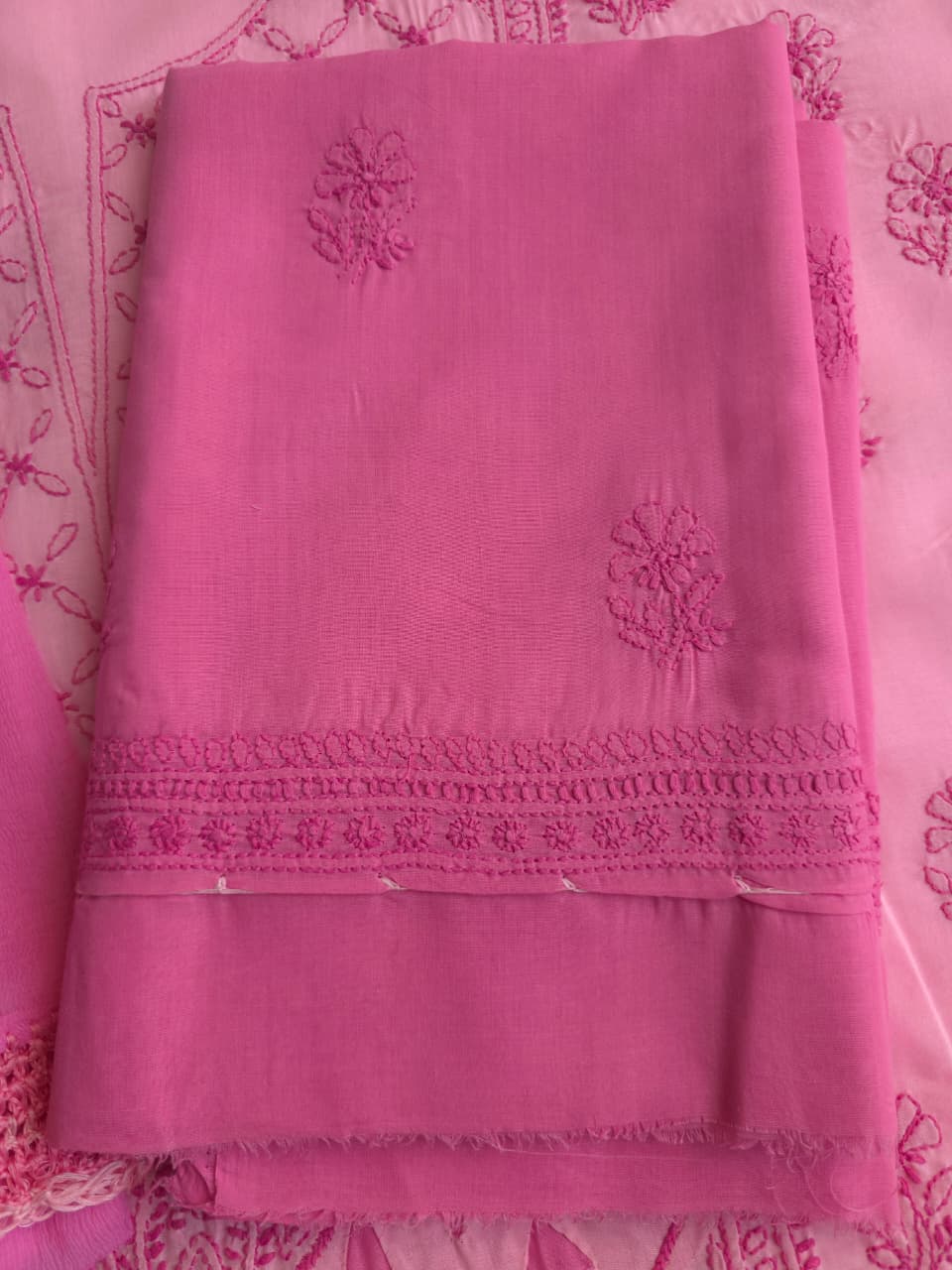 Pink cotton full set with fine handwork  Daraz applique