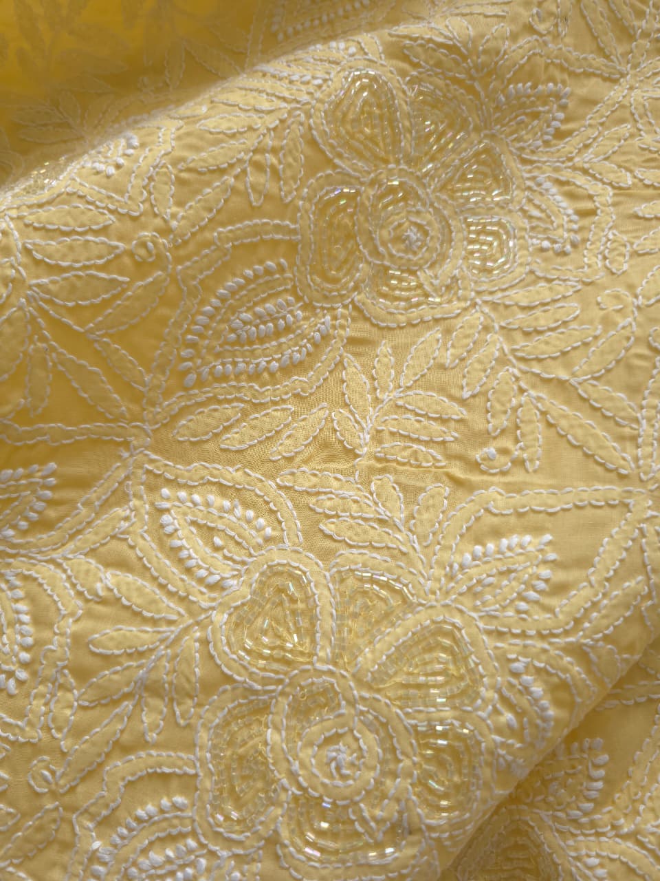 Sandalwood Yellow Cotton Full suit with handwork and pearl cutdana