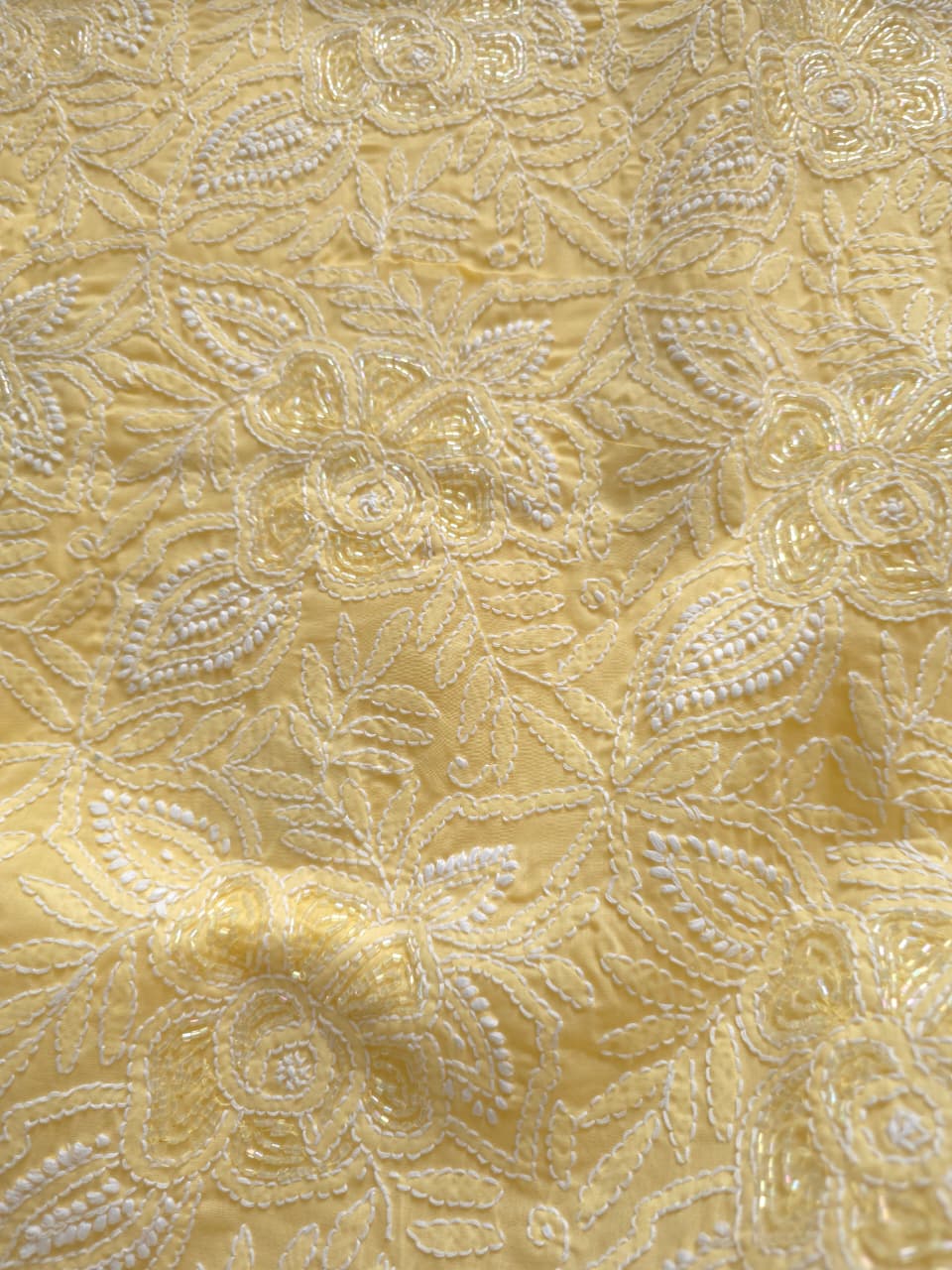 Sandalwood Yellow Cotton Full suit with handwork and pearl cutdana