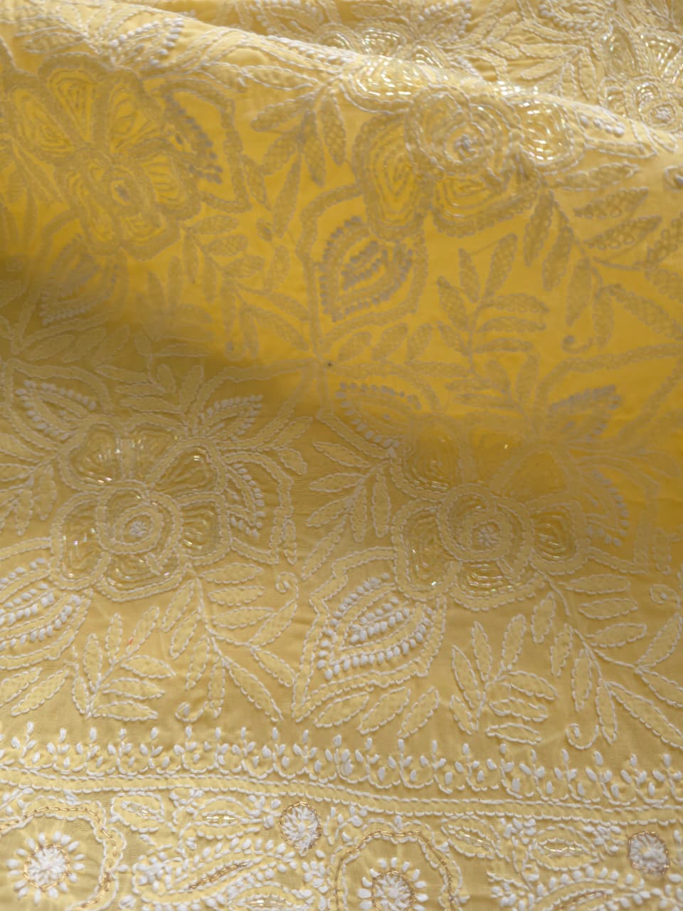 Sandalwood Yellow Cotton Full suit with handwork and pearl cutdana