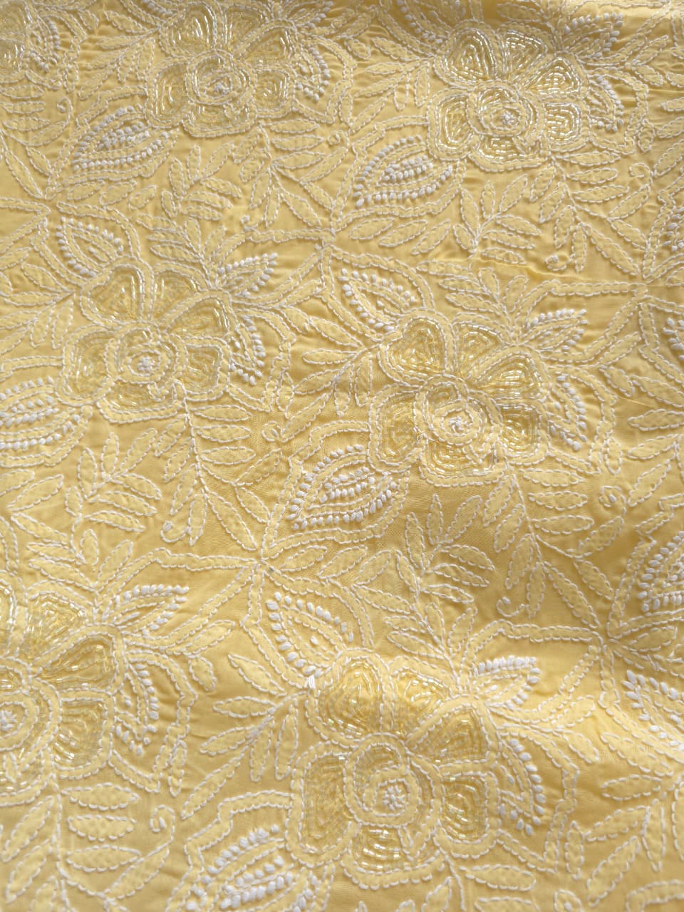 Sandalwood Yellow Cotton Full suit with handwork and pearl cutdana