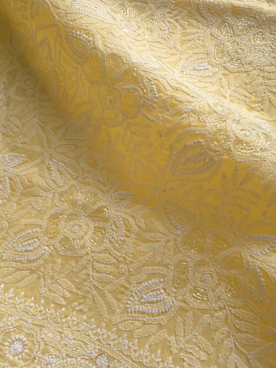 Sandalwood Yellow Cotton Full suit with handwork and pearl cutdana