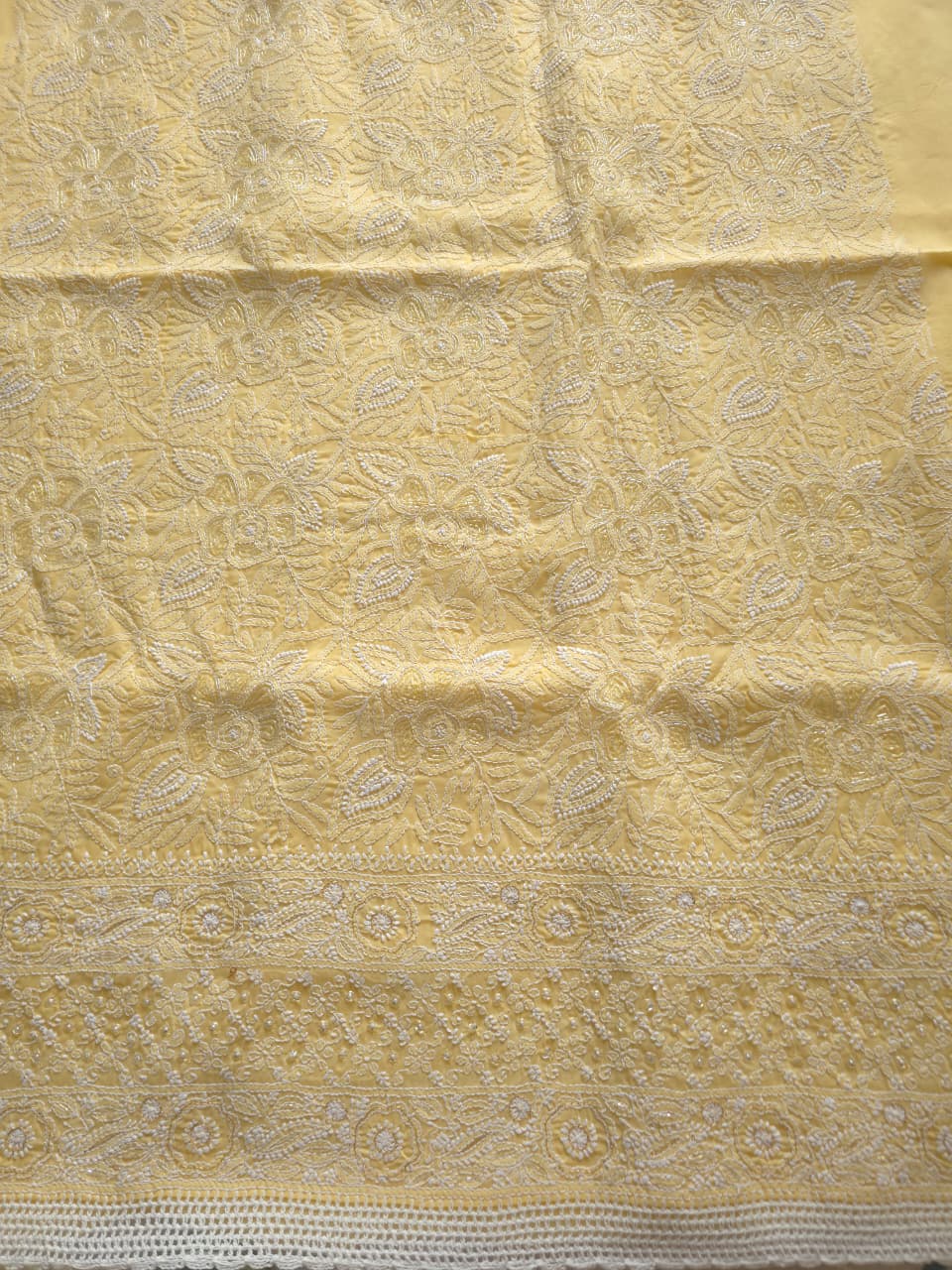 Sandalwood Yellow Cotton Full suit with handwork and pearl cutdana