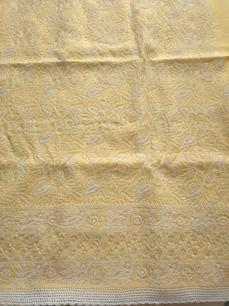 Sandalwood Yellow Cotton Full suit with handwork and pearl cutdana