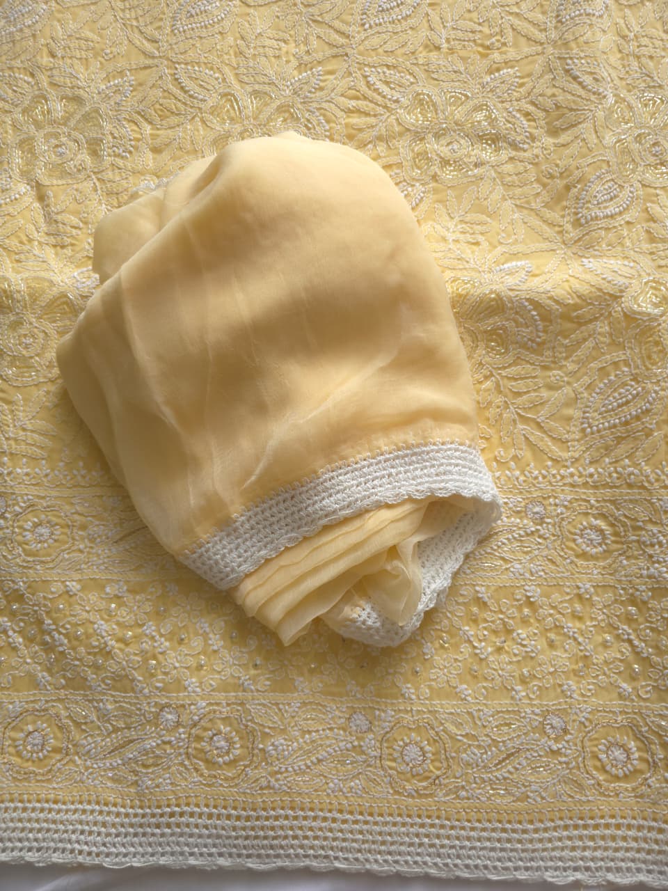 Sandalwood Yellow Cotton Full suit with handwork and pearl cutdana