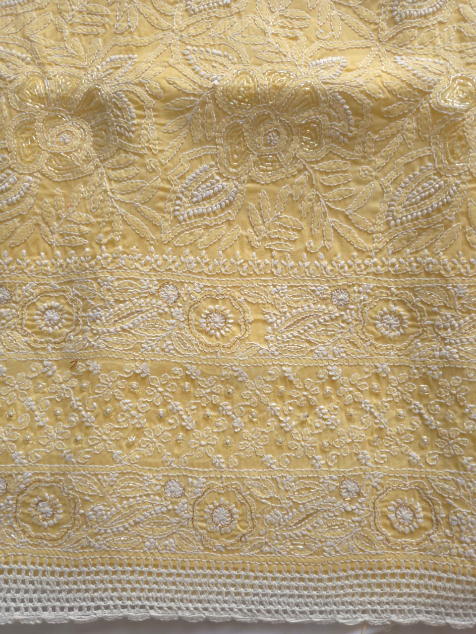 Sandalwood Yellow Cotton Full suit with handwork and pearl cutdana