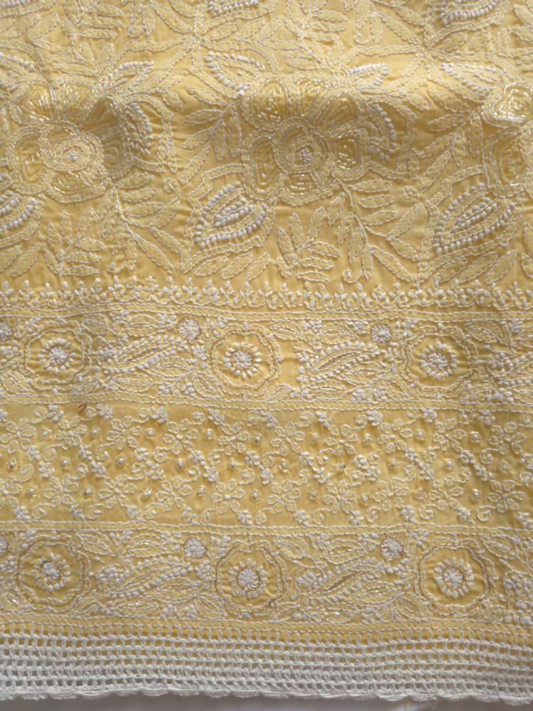 Image of Sandalwood Yellow Cotton Full suit with handwork and pearl cutdana