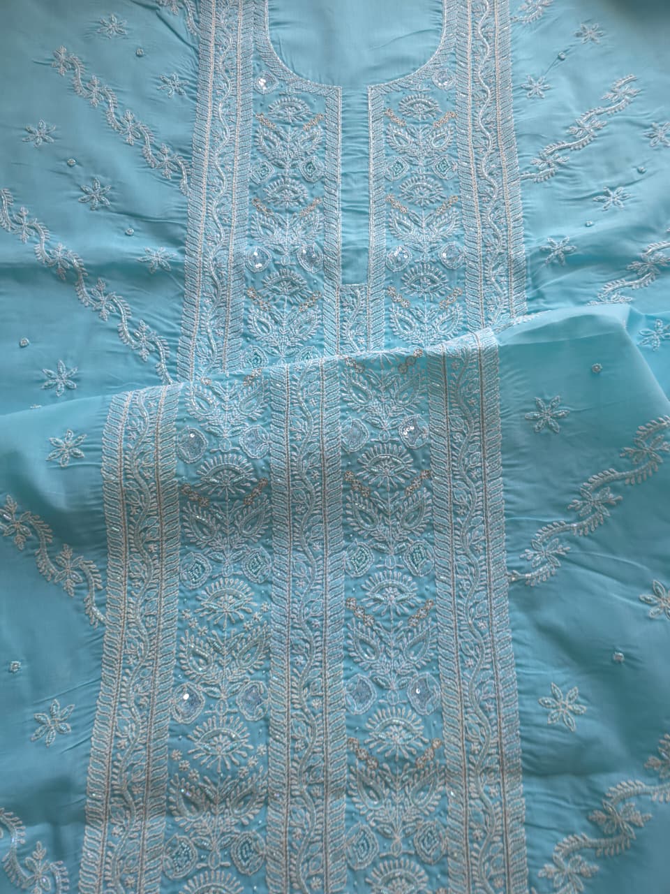 Sky blue Cotton full set with fine handwork and embellishments
