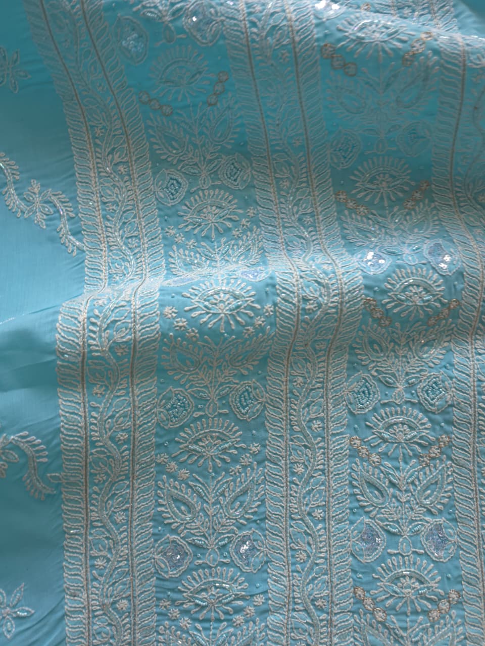 Sky blue Cotton full set with fine handwork and embellishments